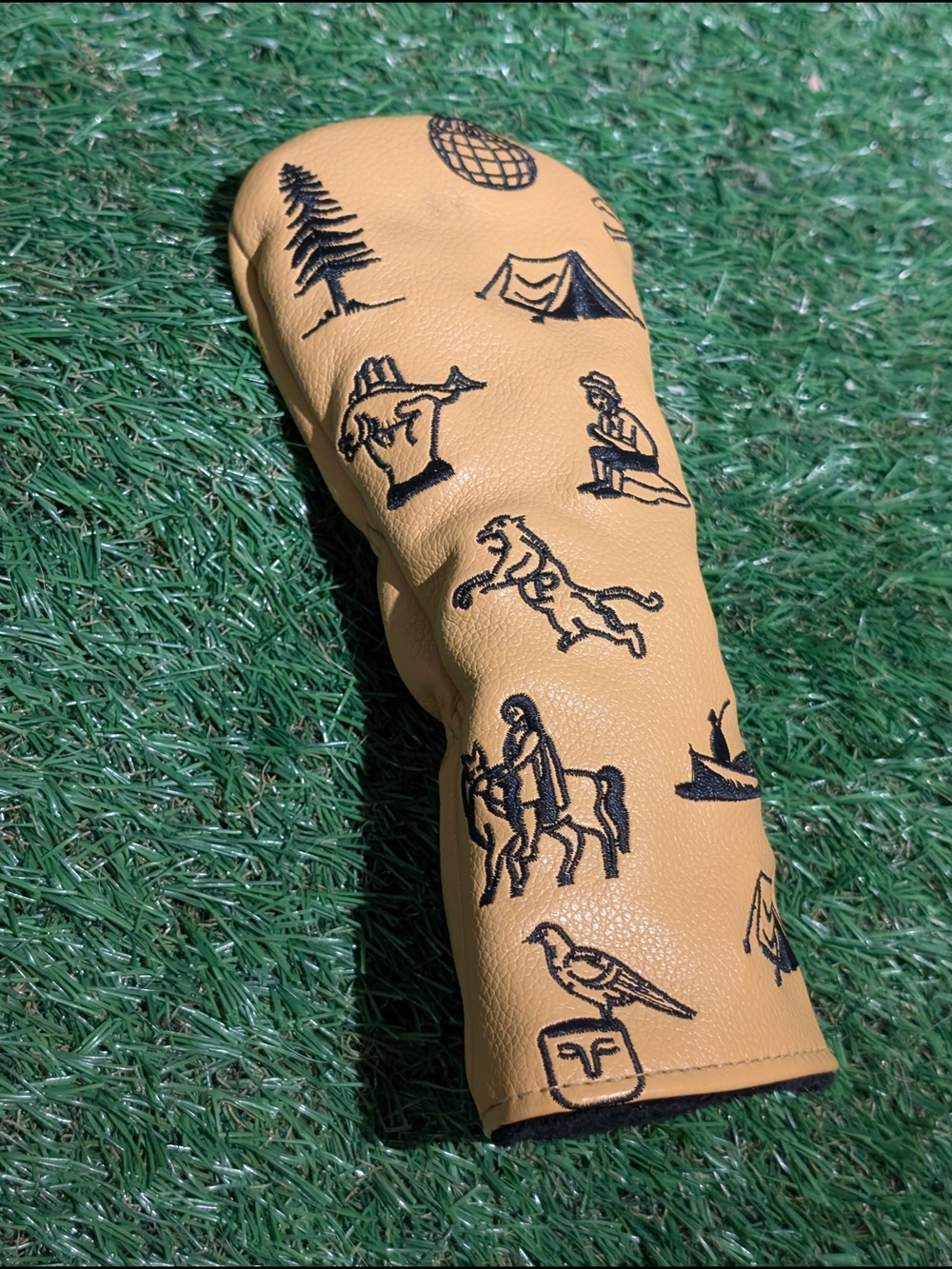 Men's Tan Leather Golf Club Headcover with Black Embroidered Outdoor Motifs